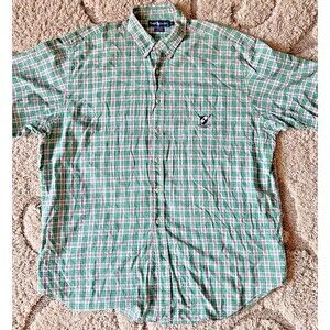 VTG Polo Ralph Lauren Shirt Mens XXL Green Plaid Tilden Golf Crest Short Sleeve